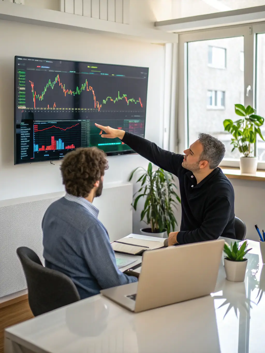 An image showcasing a financial advisor discussing investment strategies with a client in a modern office setting, representing Erimus Wealth Partners' wealth management service.